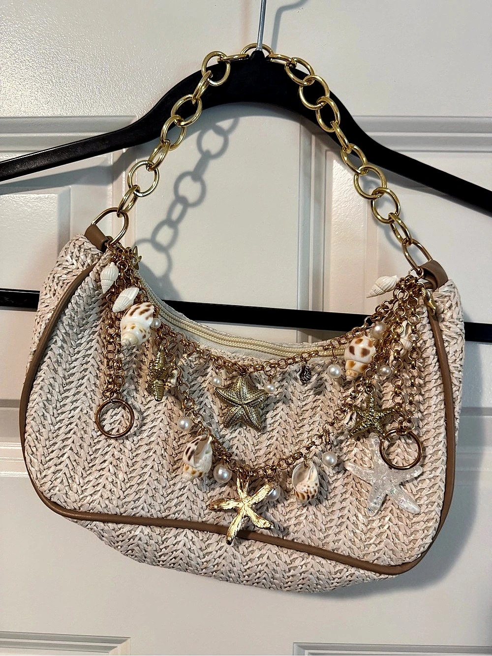 Tan Woven Seashell Charm Shoulder Bag